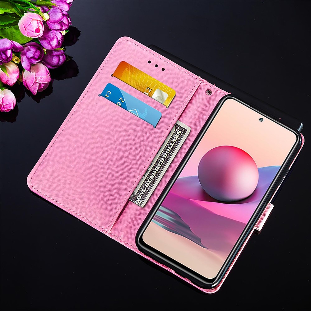 Wallet Stand Design Pattern Printing Cross Texture Leather Phone Protective Case for Xiaomi Redmi Note 10 4G/Note 10S - Red Butterfly-5