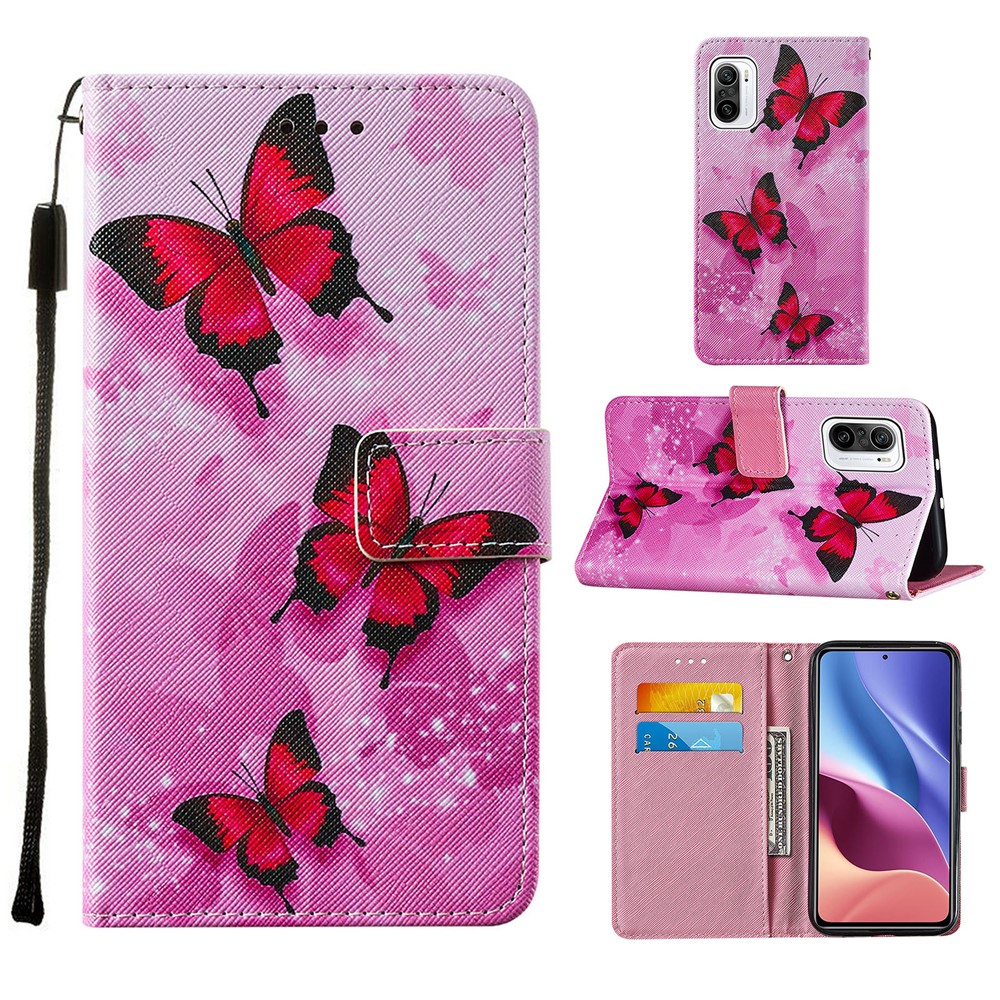 Cross Texture Pattern Printing Leather Stand Cover Case with Strap for Xiaomi Mi 11i/Poco F3/Redmi K40/K40 Pro - Pink Butterfly-10