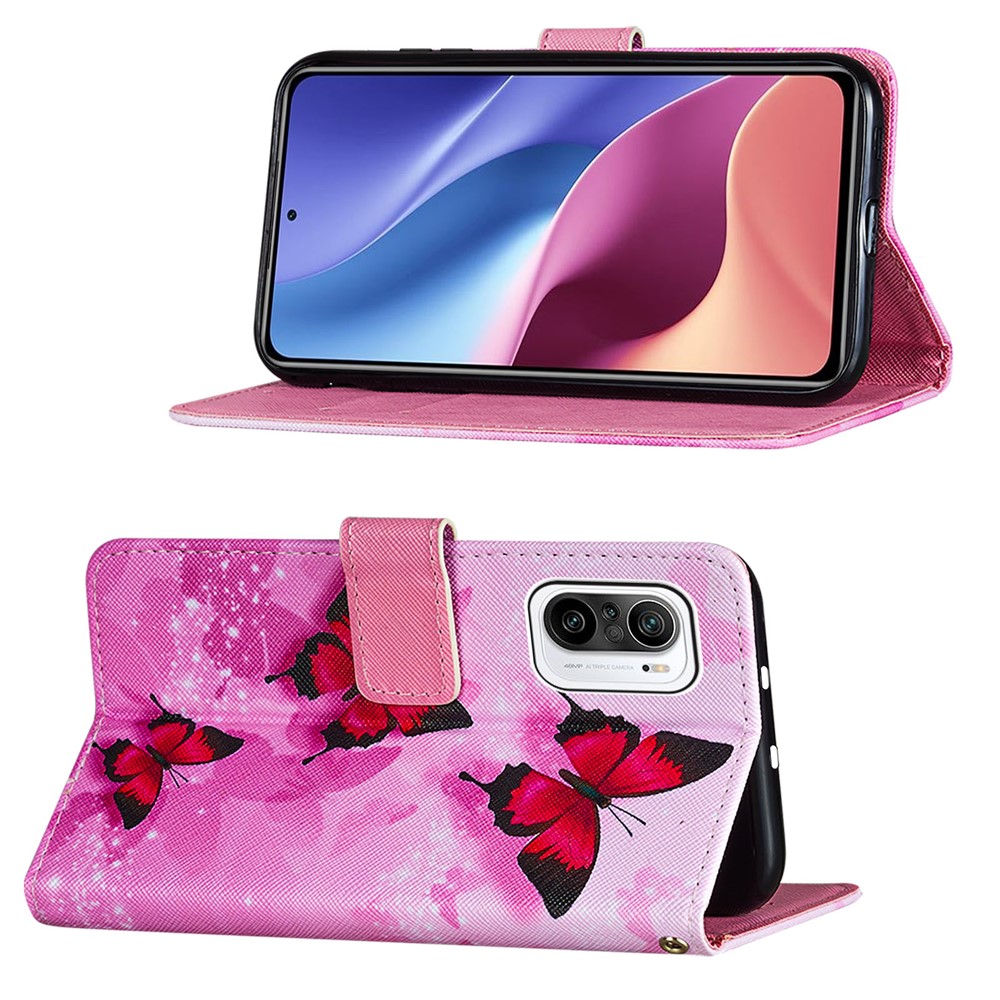 Cross Texture Pattern Printing Leather Stand Cover Case with Strap for Xiaomi Mi 11i/Poco F3/Redmi K40/K40 Pro - Pink Butterfly-3