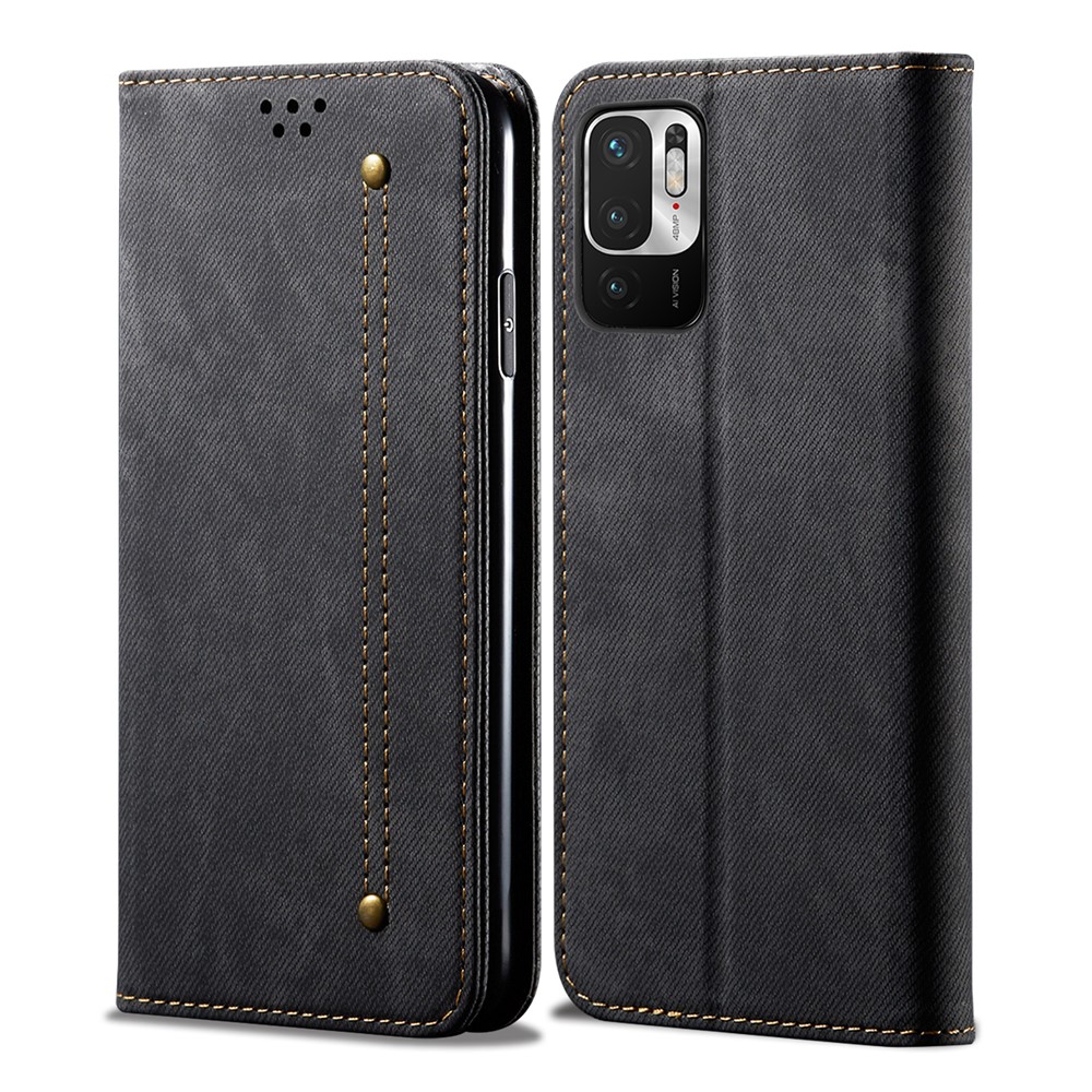 Jeans Cloth Texture Leisure Style Phone Shell Cover Wallet Stand for Xiaomi Redmi Note 10 5G - Black-1
