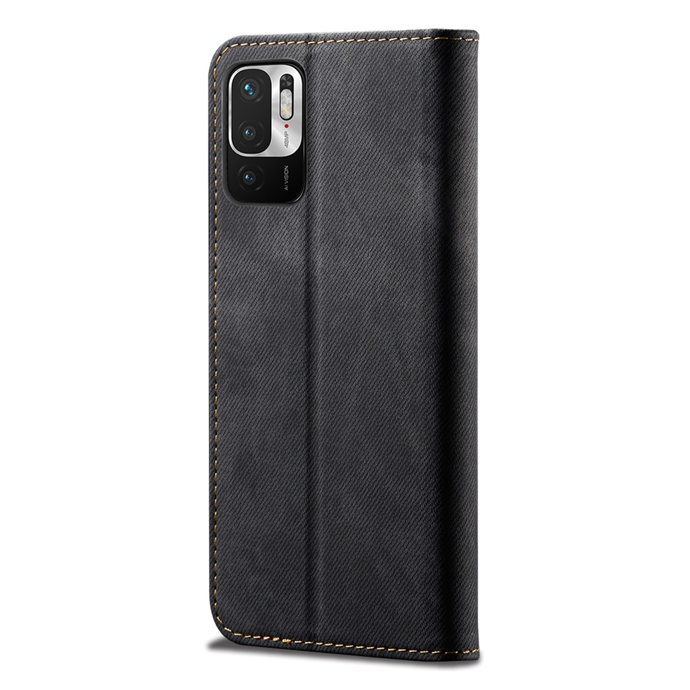 Jeans Cloth Texture Leisure Style Phone Shell Cover Wallet Stand for Xiaomi Redmi Note 10 5G - Black-3