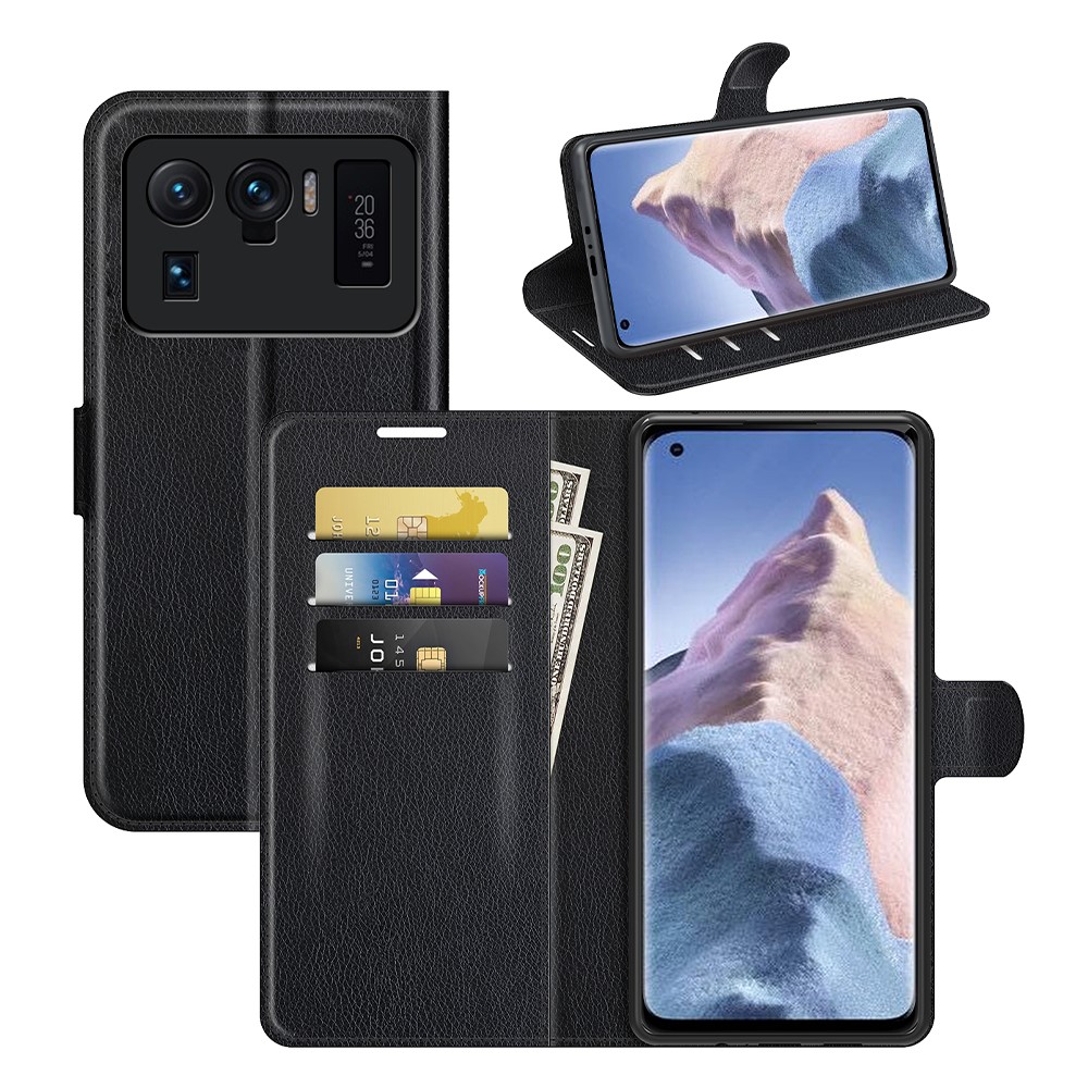 Wallet Design Litchi Texture Leather Phone Case Folio Flip Cover with Stand for Xiaomi Mi 11 Ultra - Black-8
