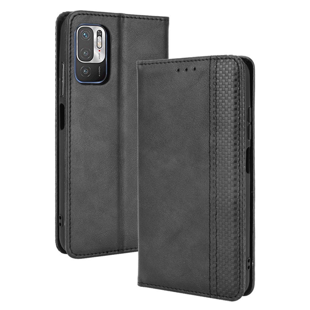 Magnetic Closure Vintage Style Phone Case Wallet Stand Leather Cover for Xiaomi Redmi Note 10 5G - Black-1