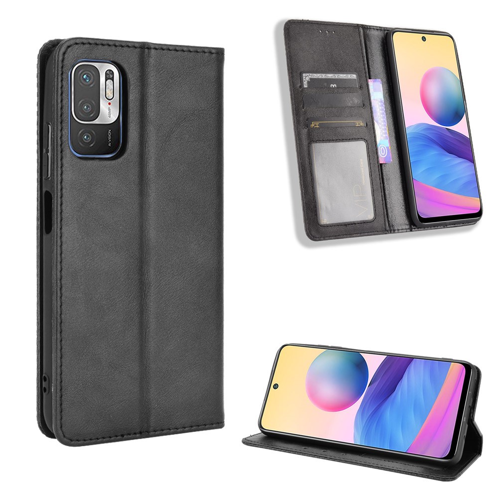 Magnetic Closure Vintage Style Phone Case Wallet Stand Leather Cover for Xiaomi Redmi Note 10 5G - Black-8