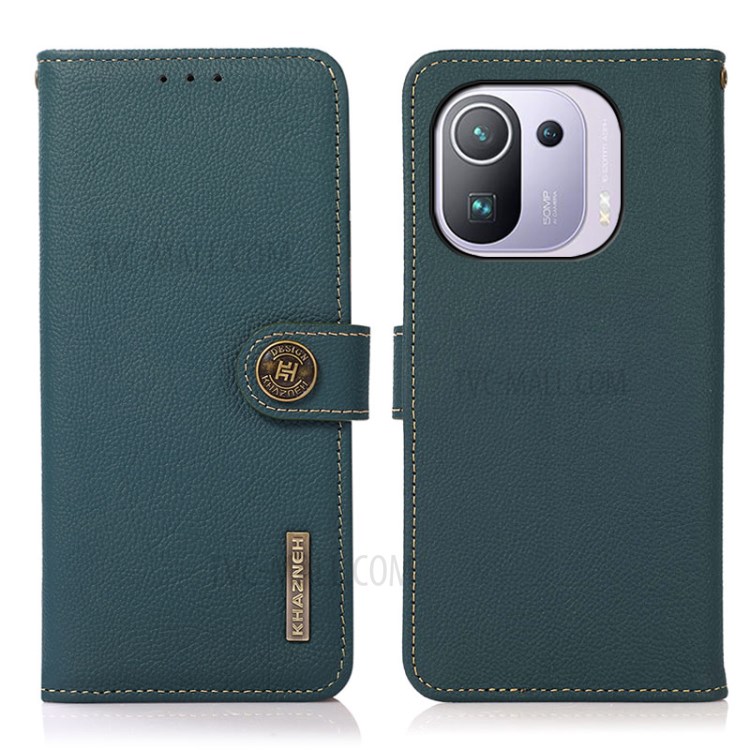 KHAZNEH Genuine Leather Phone Cover with RFID Anti-theft Swiping Design for Xiaomi Mi 11 Pro - Green-1