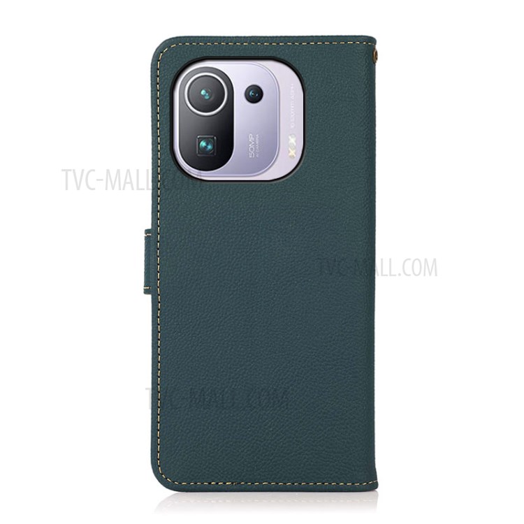 KHAZNEH Genuine Leather Phone Cover with RFID Anti-theft Swiping Design for Xiaomi Mi 11 Pro - Green-5