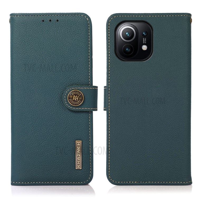 KHAZNEH Full Coverage RFID Anti-theft Swiping Design Genuine Leather Phone Shell Case for Xiaomi Mi 11 - Green-1