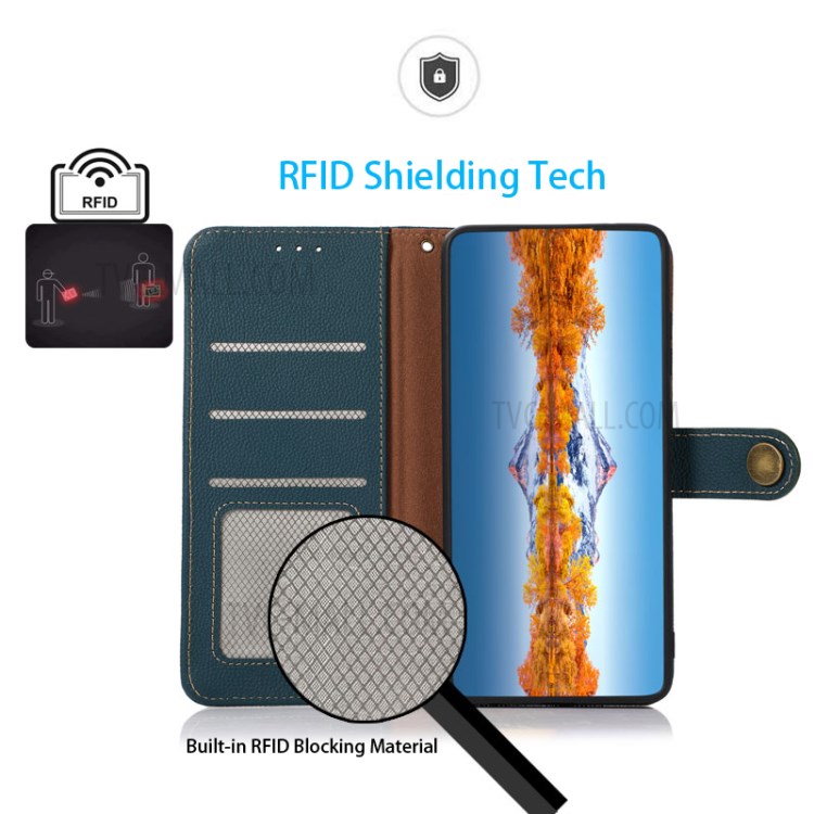 KHAZNEH Full Coverage RFID Anti-theft Swiping Design Genuine Leather Phone Shell Case for Xiaomi Mi 11 - Green-6