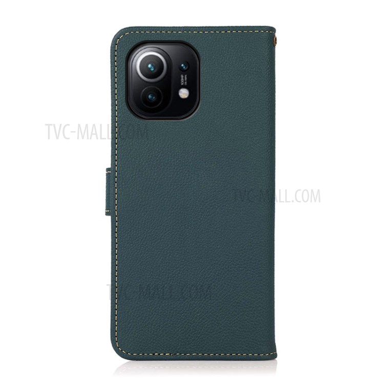 KHAZNEH Full Coverage RFID Anti-theft Swiping Design Genuine Leather Phone Shell Case for Xiaomi Mi 11 - Green-7
