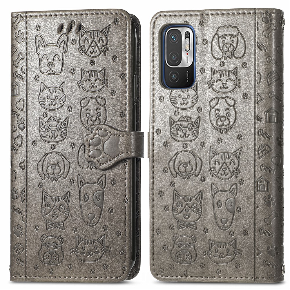 Imprinting Cat Dog Pattern Design Magnetic Leather Stand Case for Xiaomi Redmi Note 10 5G / Poco M3 Pro 5G / Poco M3 Pro 4G - Grey-1