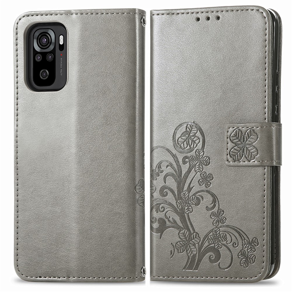 Stand Design Clover Pattern Imprinting Leather Wallet Case for Xiaomi Redmi Note 10 4G/Note 10S - Grey-1