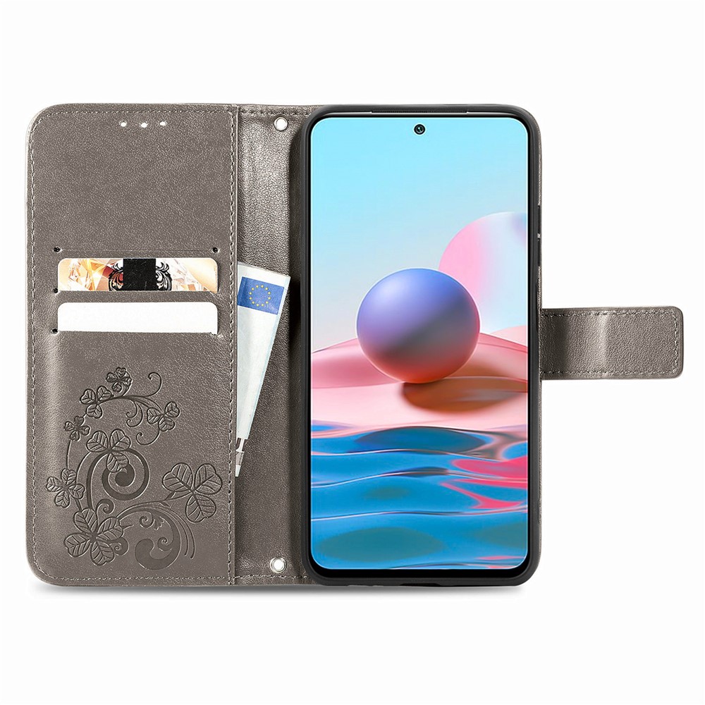 Stand Design Clover Pattern Imprinting Leather Wallet Case for Xiaomi Redmi Note 10 4G/Note 10S - Grey-12