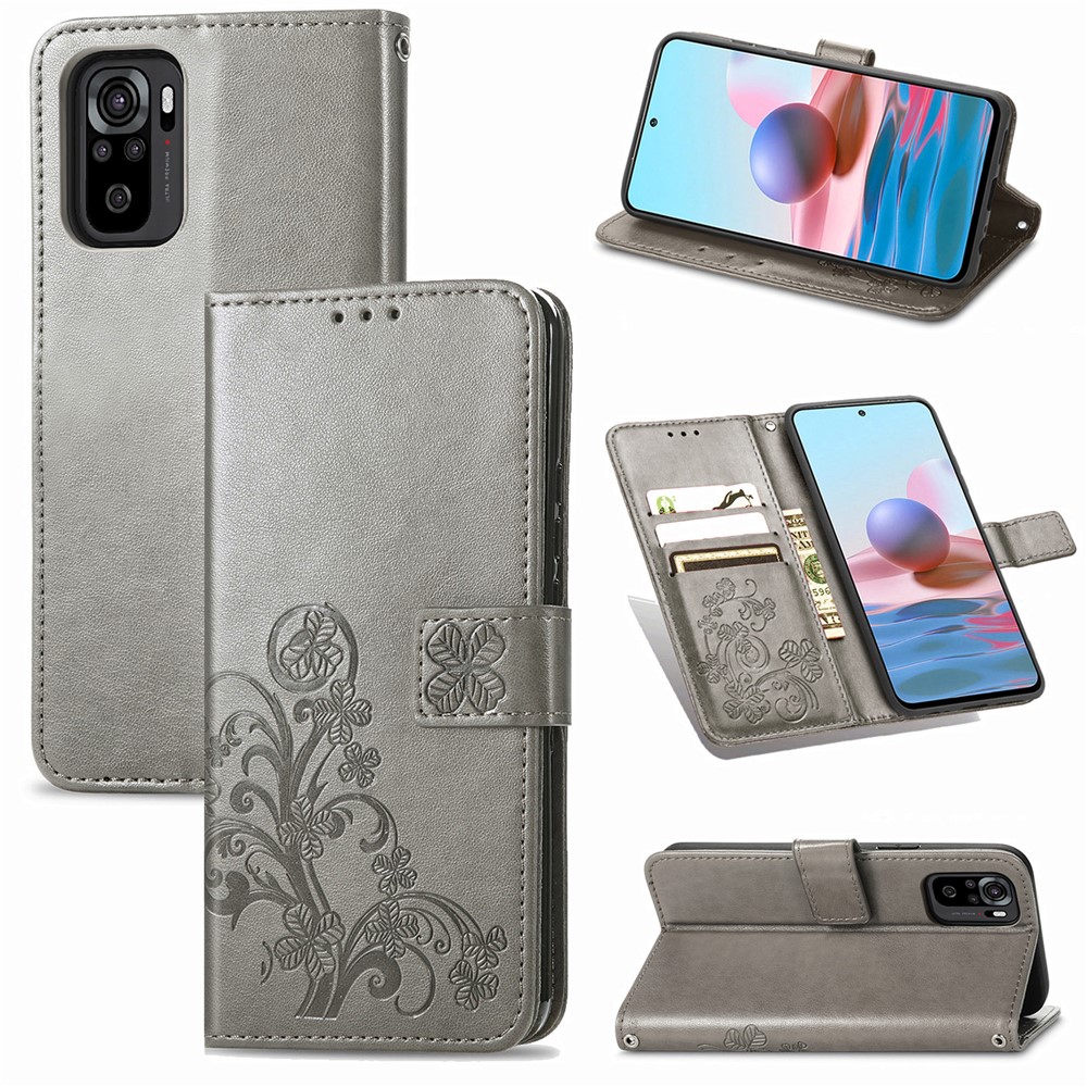 Stand Design Clover Pattern Imprinting Leather Wallet Case for Xiaomi Redmi Note 10 4G/Note 10S - Grey-13