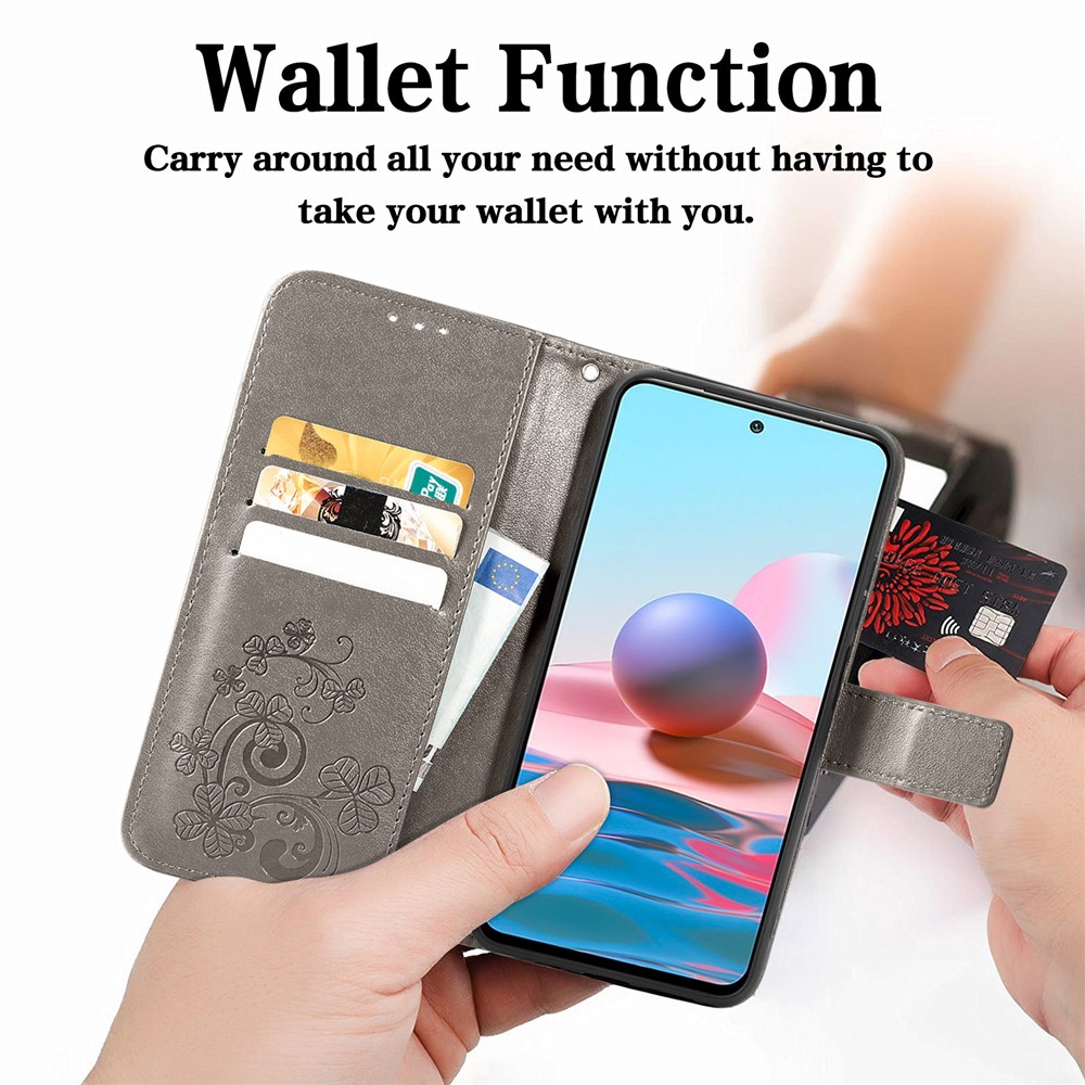 Stand Design Clover Pattern Imprinting Leather Wallet Case for Xiaomi Redmi Note 10 4G/Note 10S - Grey-4