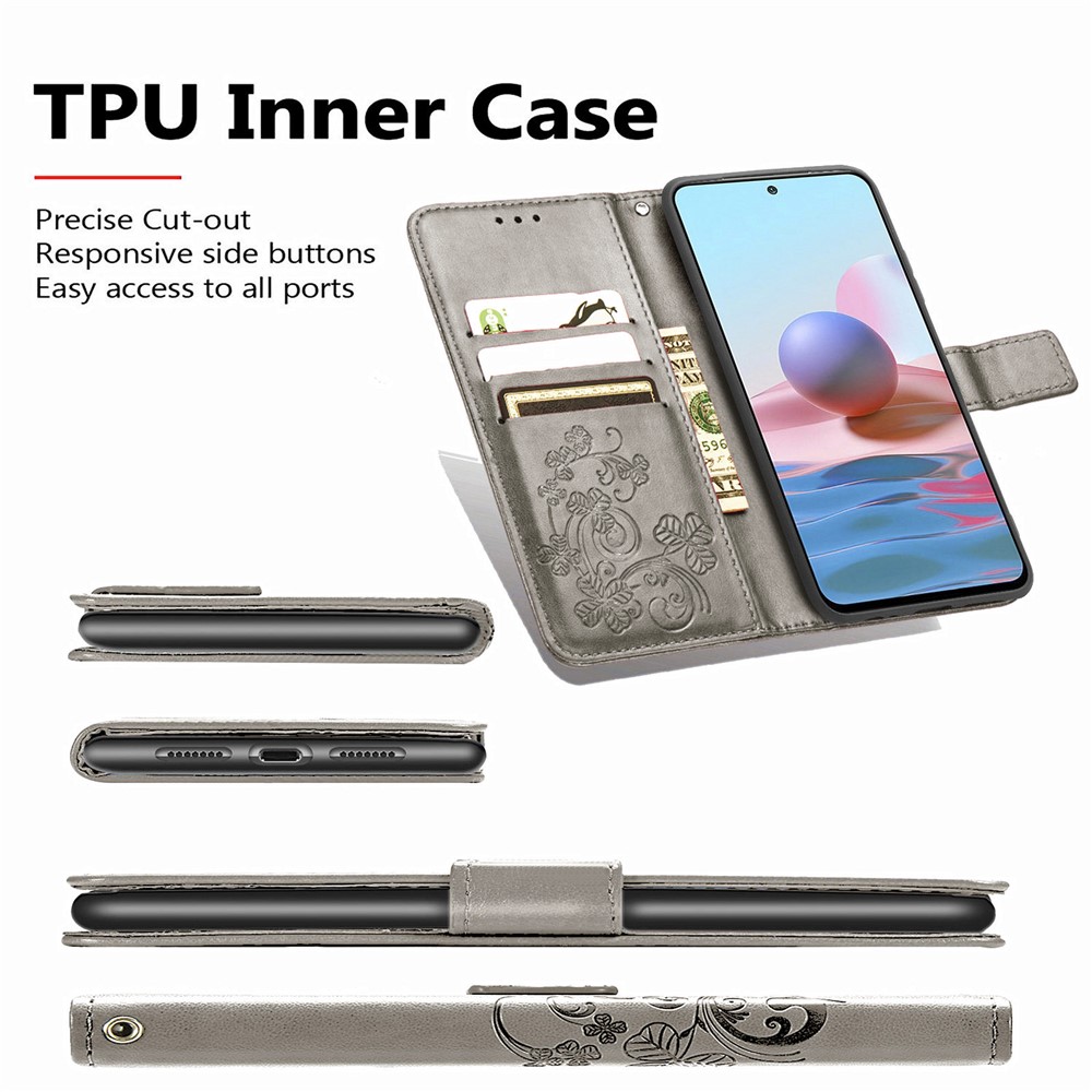 Stand Design Clover Pattern Imprinting Leather Wallet Case for Xiaomi Redmi Note 10 4G/Note 10S - Grey-5