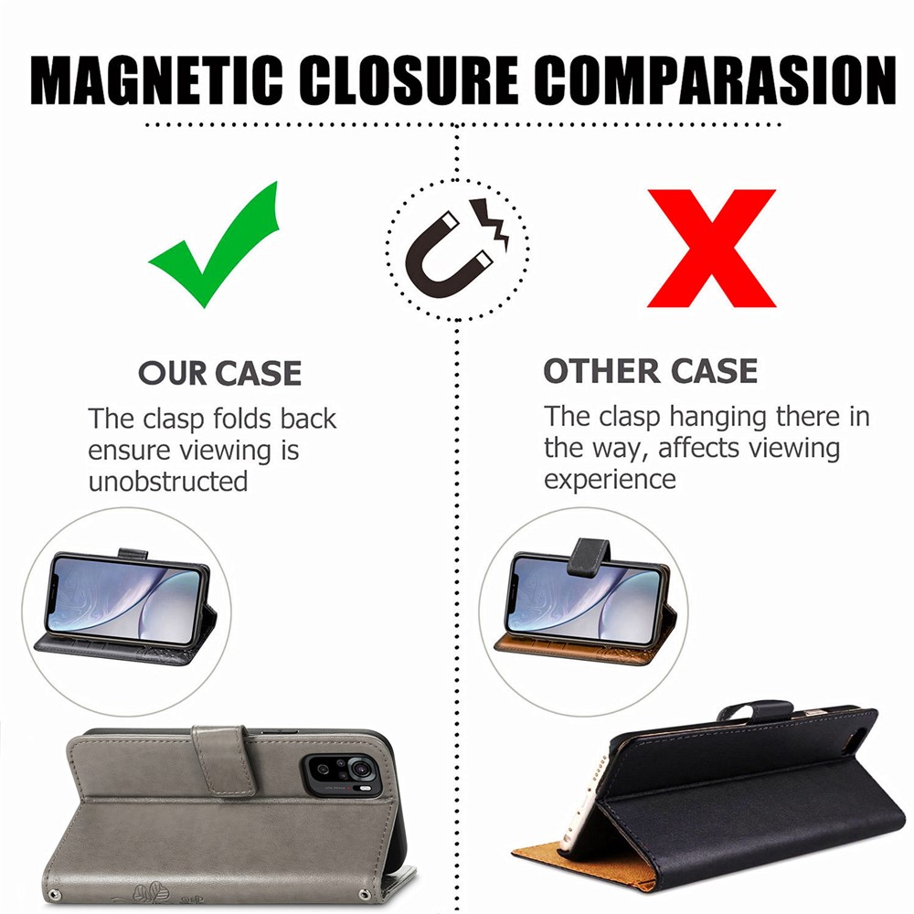 Stand Design Clover Pattern Imprinting Leather Wallet Case for Xiaomi Redmi Note 10 4G/Note 10S - Grey-6