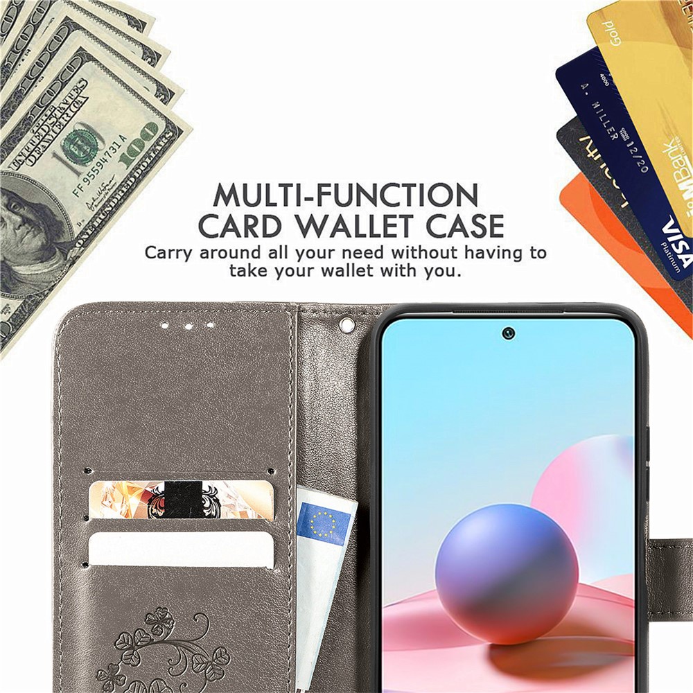 Stand Design Clover Pattern Imprinting Leather Wallet Case for Xiaomi Redmi Note 10 4G/Note 10S - Grey-7