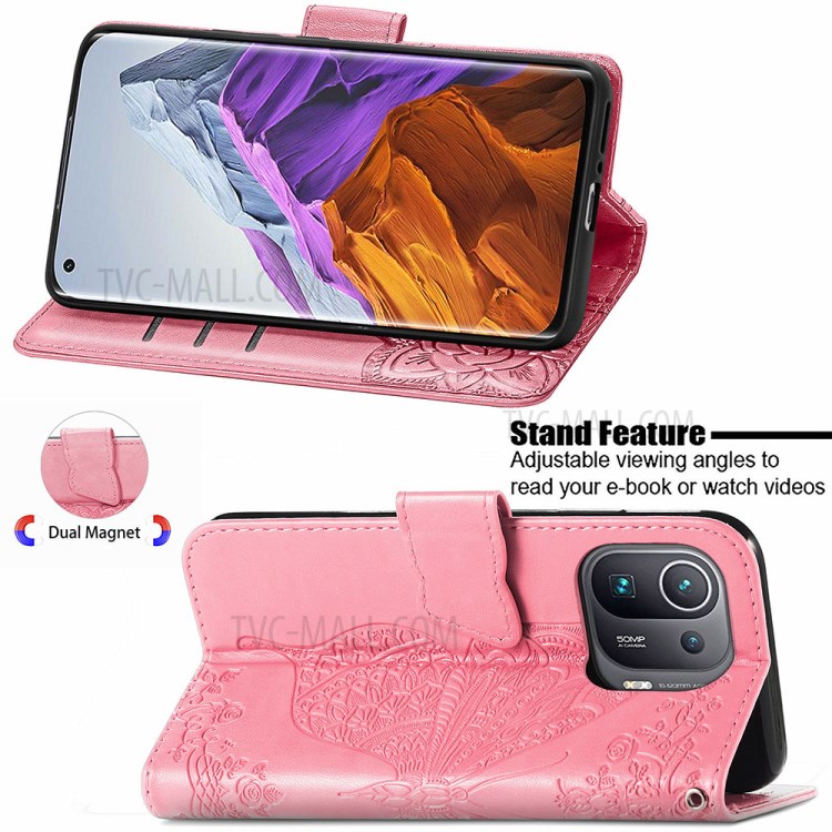 Leather Wallet Phone Shell with Big Butterfly Imprinting for Xiaomi Mi 11 Pro - Rose-2
