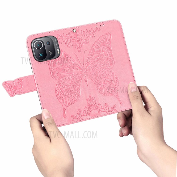 Leather Wallet Phone Shell with Big Butterfly Imprinting for Xiaomi Mi 11 Pro - Rose-3