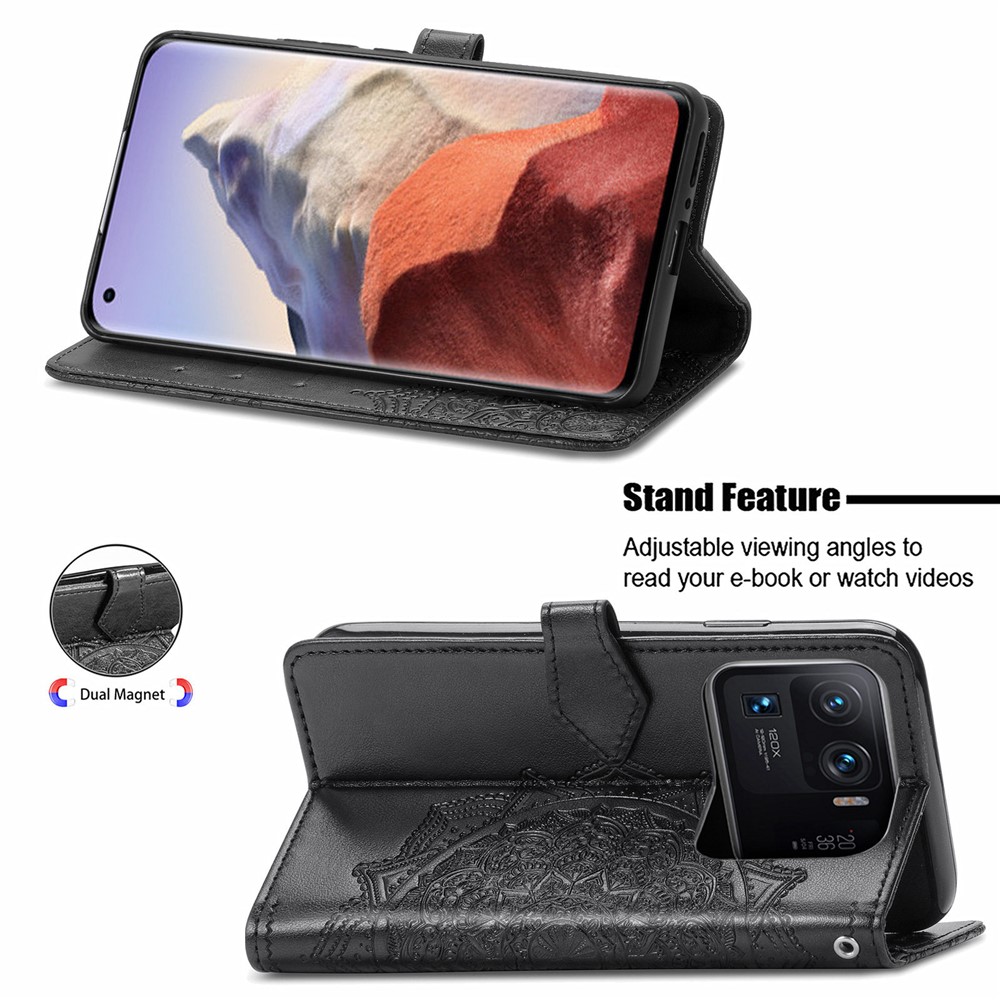 Wallet Stand Design Full Protection Mandala Flower Embossment PU Leather Case for Xiaomi Mi 11 Ultra - Black-3