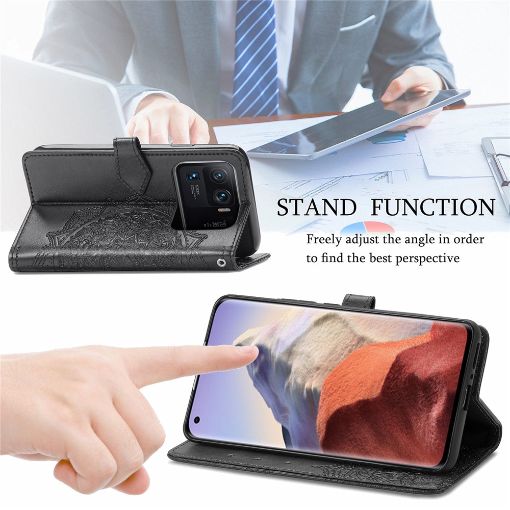Wallet Stand Design Full Protection Mandala Flower Embossment PU Leather Case for Xiaomi Mi 11 Ultra - Black-5