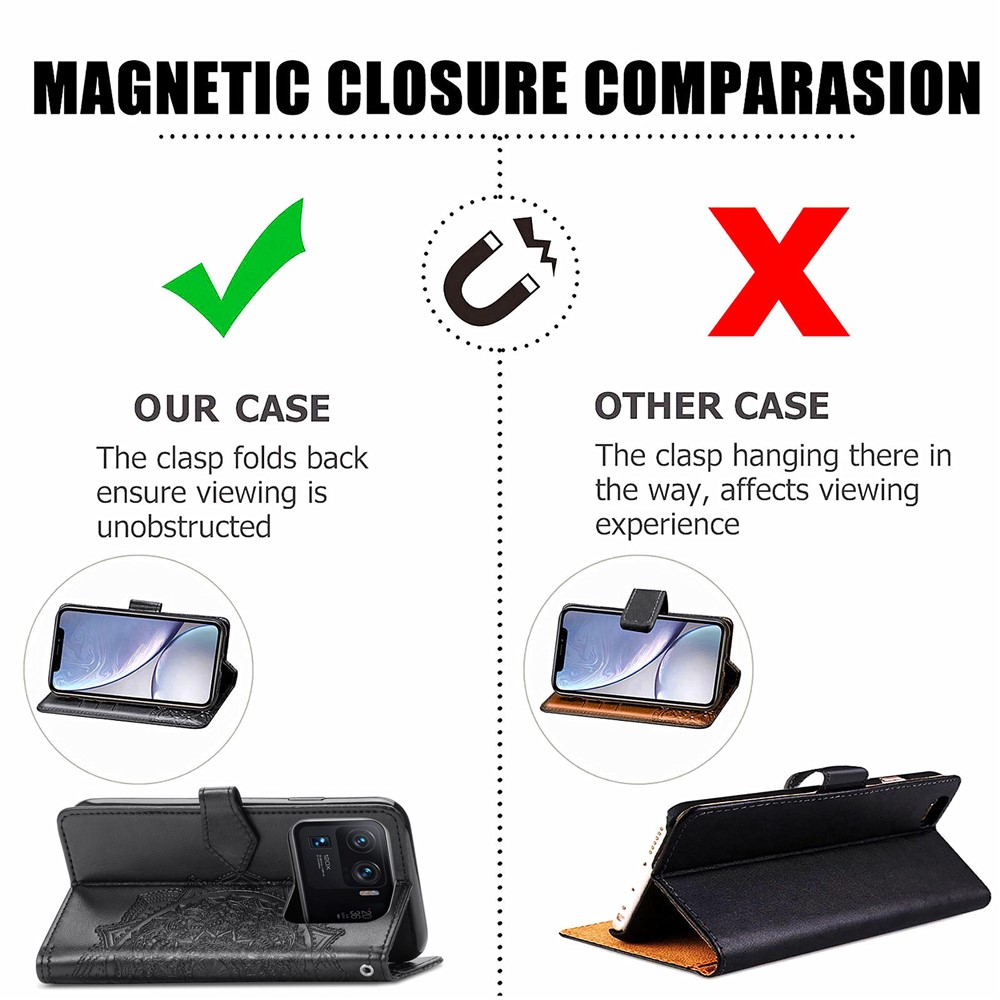 Wallet Stand Design Full Protection Mandala Flower Embossment PU Leather Case for Xiaomi Mi 11 Ultra - Black-8