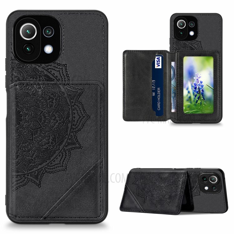 Mandala Flower Pattern Auto-absorbed Phone Case Cover Shell with Card Slot for Xiaomi Mi 11 Lite 4G/5G - Black-1
