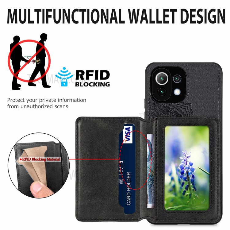 Mandala Flower Pattern Auto-absorbed Phone Case Cover Shell with Card Slot for Xiaomi Mi 11 Lite 4G/5G - Black-5