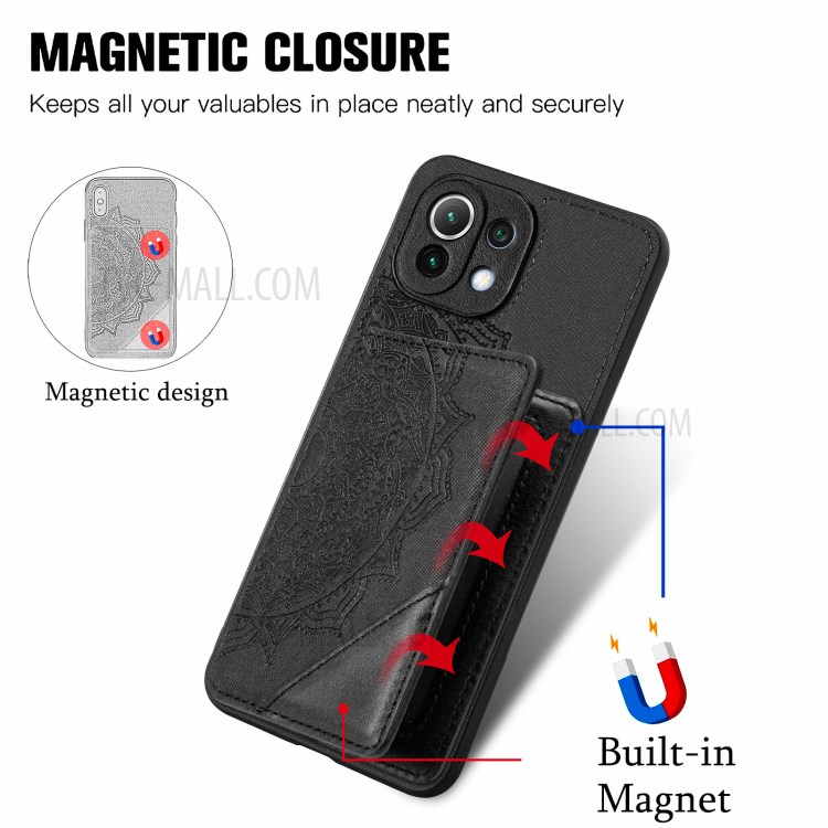 Mandala Flower Pattern Auto-absorbed Phone Case Cover Shell with Card Slot for Xiaomi Mi 11 Lite 4G/5G - Black-8