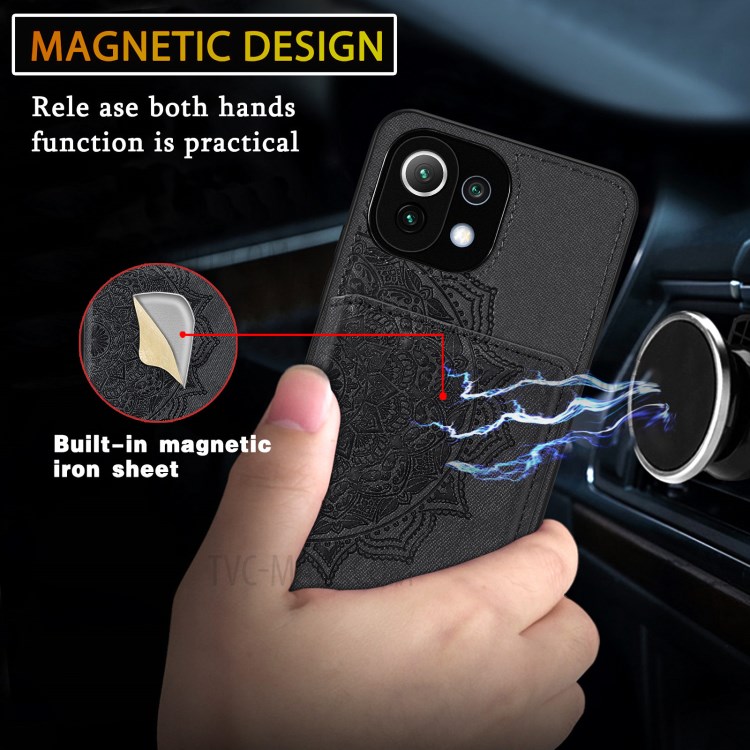Mandala Flower Pattern Auto-absorbed Phone Case Cover Shell with Card Slot for Xiaomi Mi 11 Lite 4G/5G - Black-9