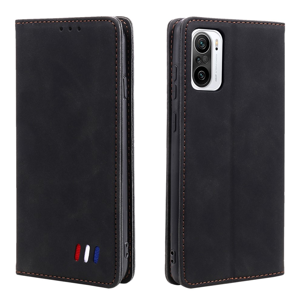 Tri-colored Ornament Decor Wallet Design Phone Cover Case for Xiaomi Redmi K40/K40 Pro - Black-1