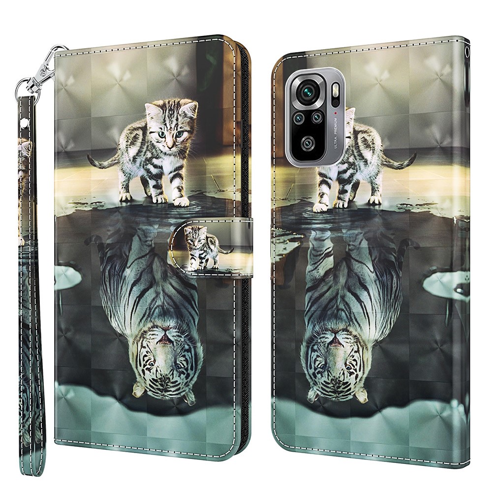 3D Pattern Printing Shockproof Leather Phone Shell Wallet Stand Case with Lanyard for Xiaomi Redmi Note 10 4G/Note 10S - Cat and Tiger-1