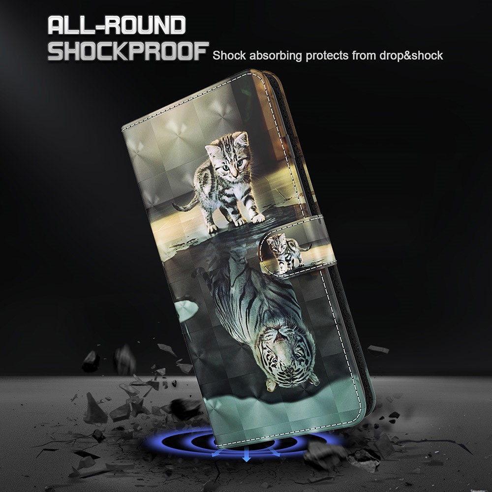 3D Pattern Printing Shockproof Leather Phone Shell Wallet Stand Case with Lanyard for Xiaomi Redmi Note 10 4G/Note 10S - Cat and Tiger-4