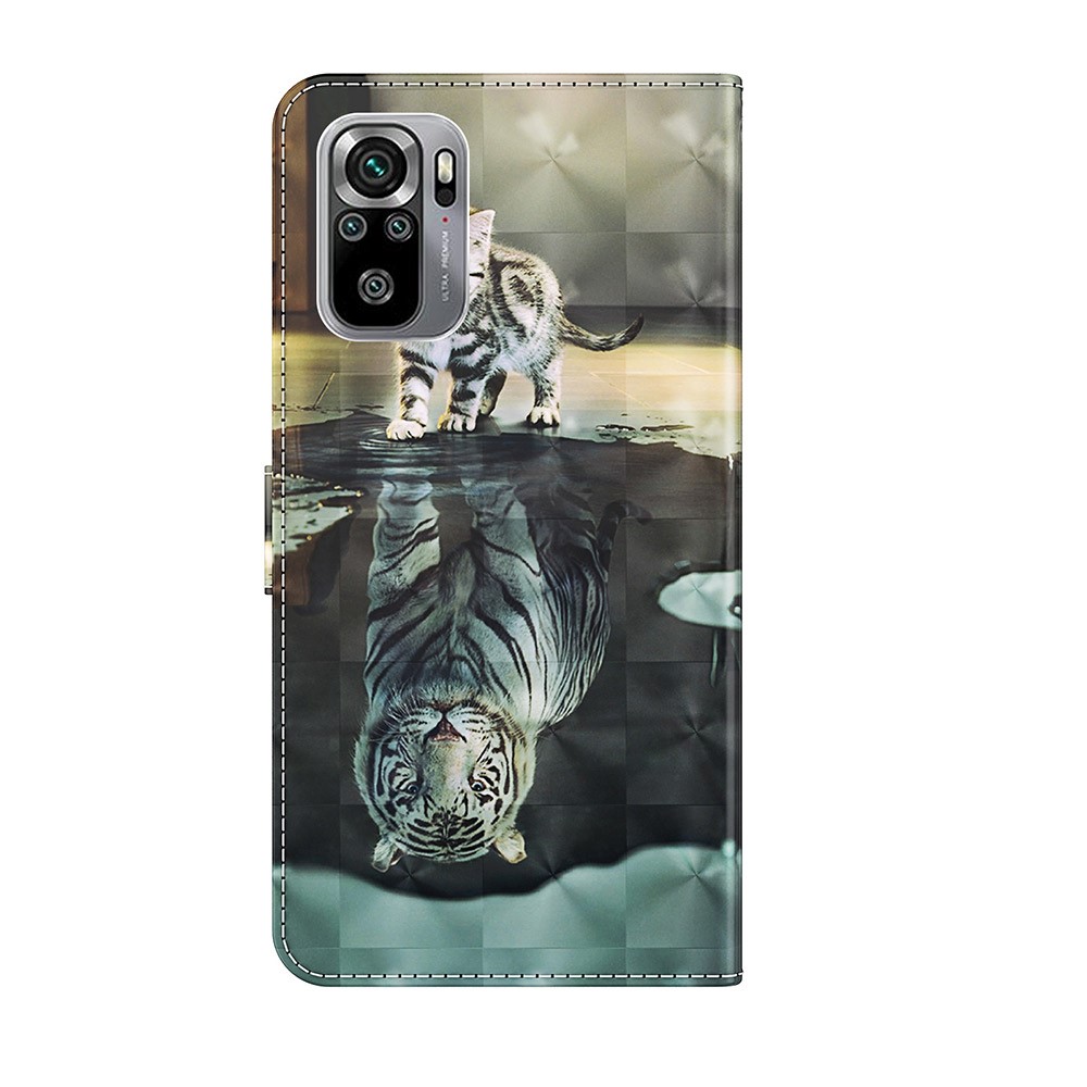 3D Pattern Printing Shockproof Leather Phone Shell Wallet Stand Case with Lanyard for Xiaomi Redmi Note 10 4G/Note 10S - Cat and Tiger-8