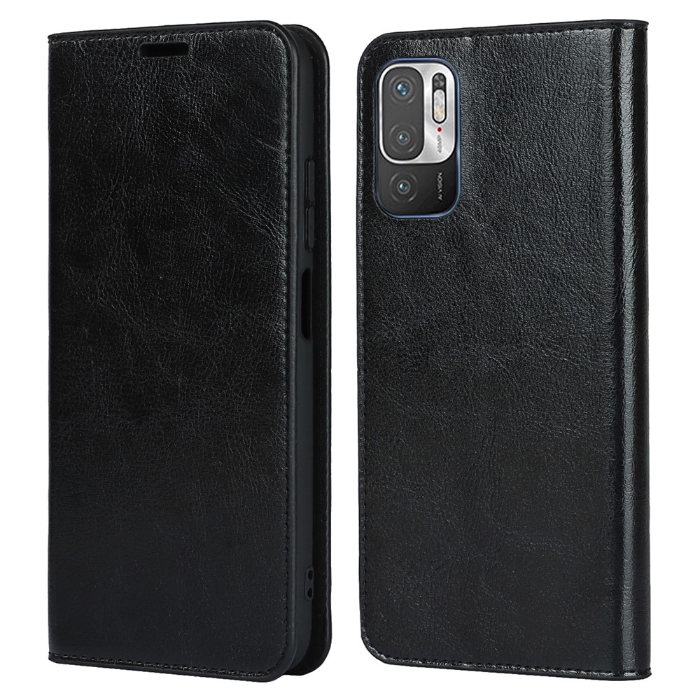 Crazy Horse Skin Genuine Leather Wallet Stand Phone Case Shell for Xiaomi Poco M3 Pro 4G / 5G / Redmi Note 10 5G - Black-1