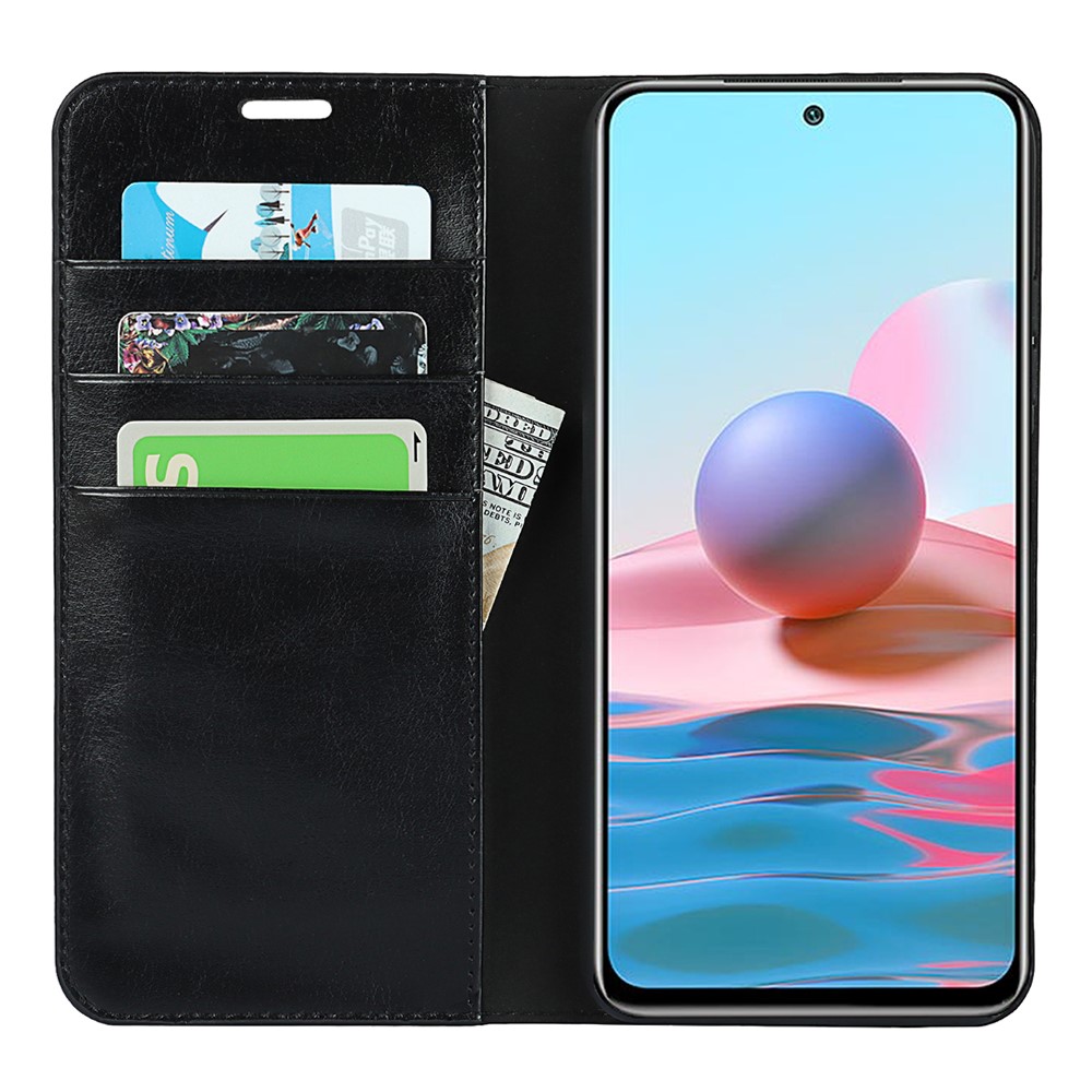Crazy Horse Skin Genuine Leather Wallet Stand Phone Case Shell for Xiaomi Poco M3 Pro 4G / 5G / Redmi Note 10 5G - Black-4