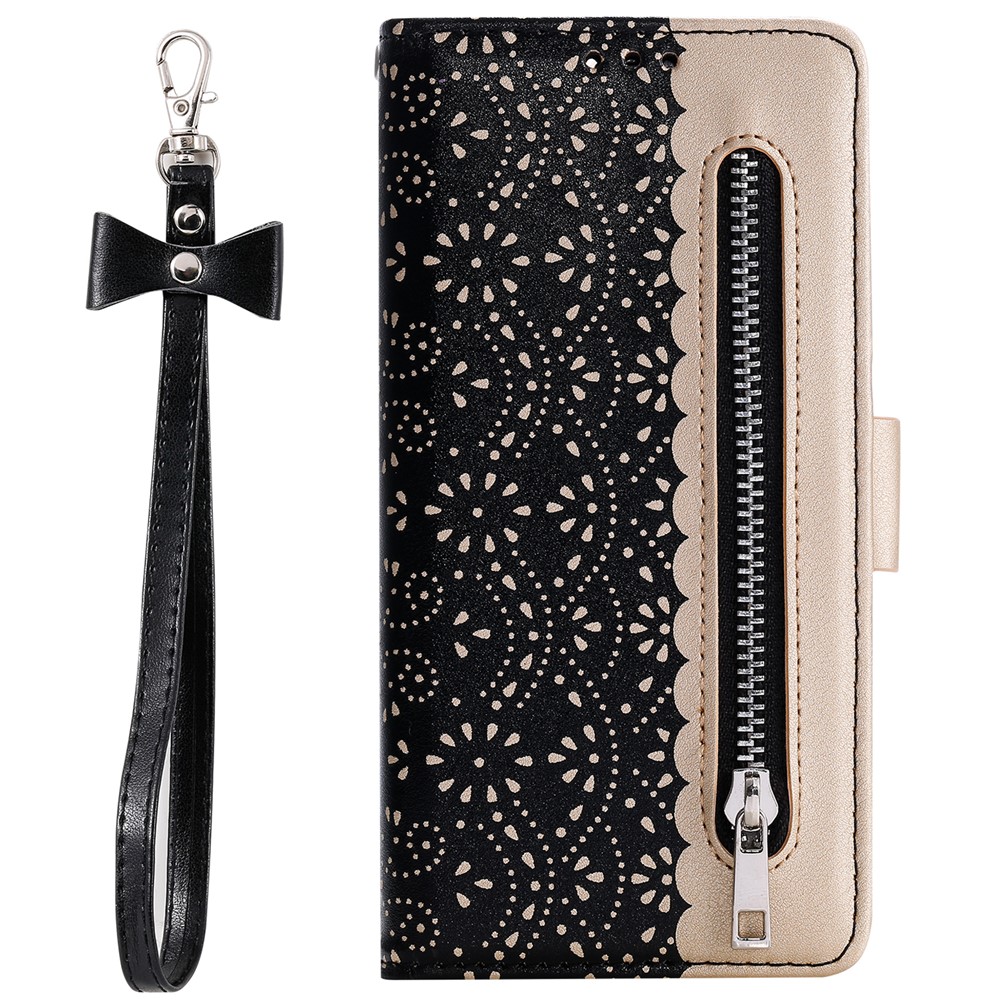 Lace Flower Pattern Zipper Pocket Leather Wallet Phone Case for Xiaomi Redmi Note 10 Pro / Redmi Note 10 Pro Max - Black-1