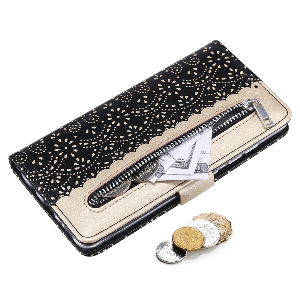Lace Flower Pattern Zipper Pocket Leather Wallet Phone Case for Xiaomi Redmi Note 10 Pro / Redmi Note 10 Pro Max - Black-7