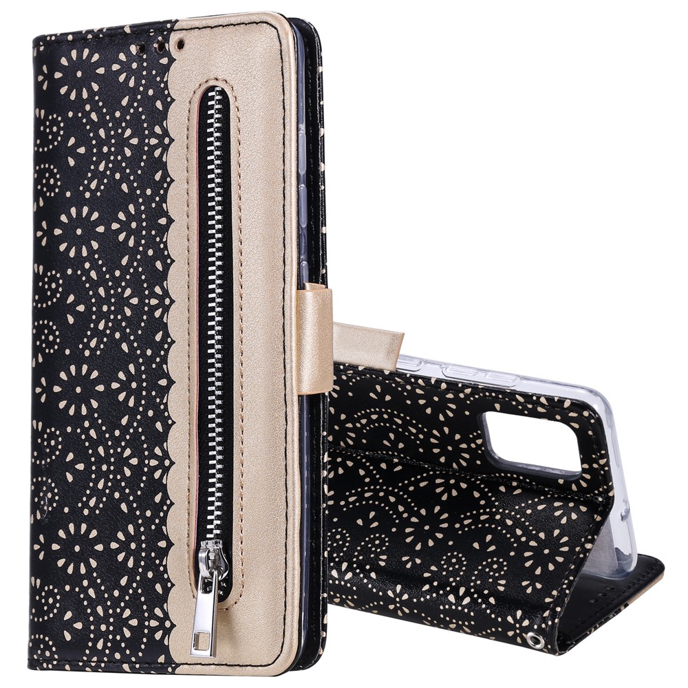 Lace Flower Pattern Zipper Pocket Leather Wallet Phone Case for Xiaomi Redmi Note 10 Pro / Redmi Note 10 Pro Max - Black-8