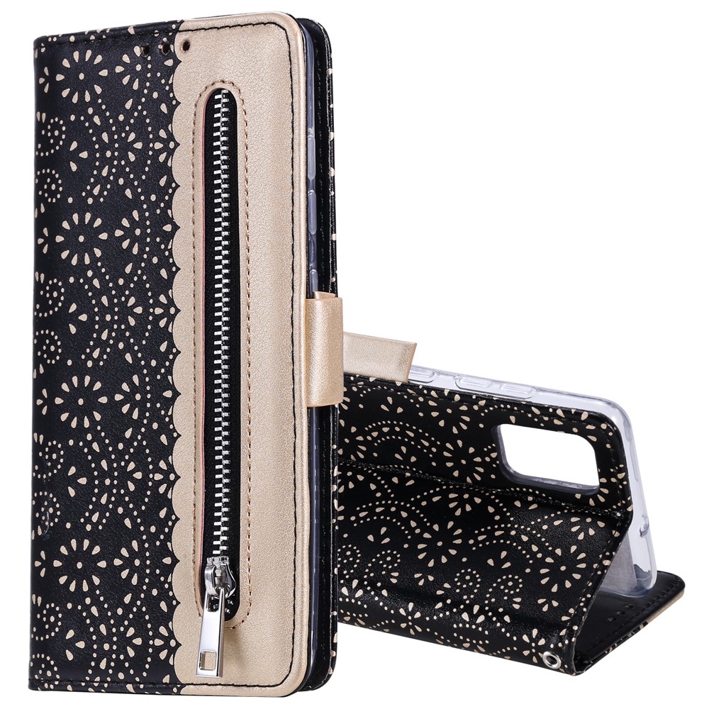 Case de Teléfono de la Billetera de Cuero de Bolsillo Con Cremallera de Patrón de Flores de Encaje Para Xiaomi Redmi Note 10 Pro / Redmi Note 10 Pro Max - Negro