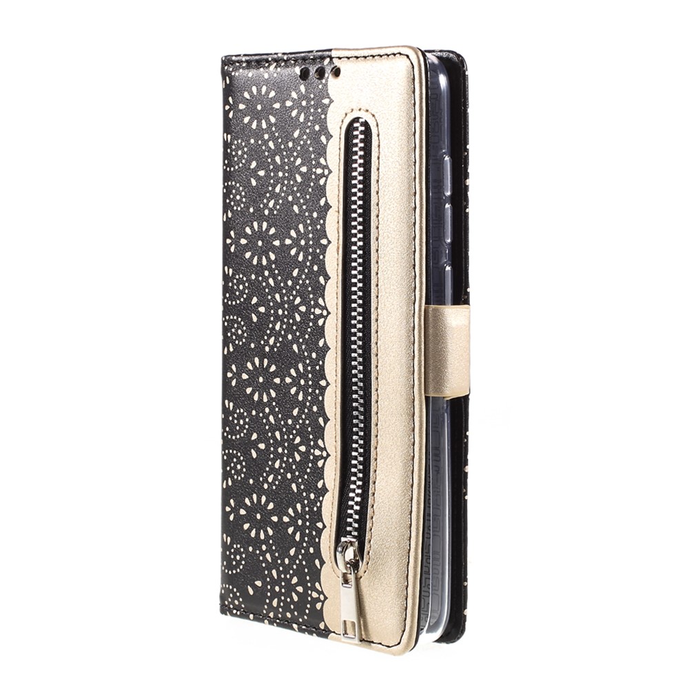 Lace Flower Pattern Zipper Pocket Leather Wallet Phone Case for Xiaomi Redmi 10X 4G / Redmi Note 9 4G (Qualcomm Snapdragon 662) - Black-3