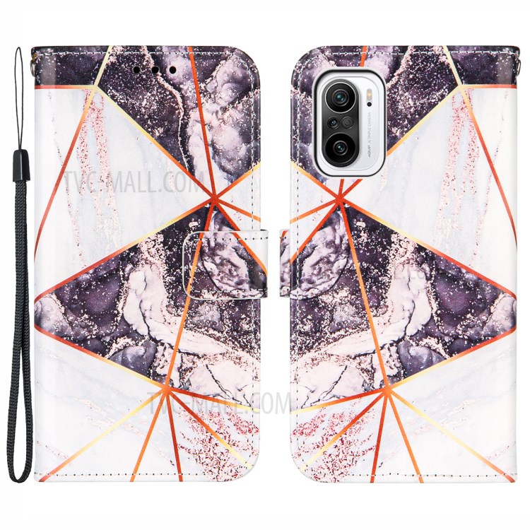 Leather Stand Case Cover with Marble Splicing Pattern Printing Wallet Design for Xiaomi Redmi K40/K40 Pro/Mi 11i/Poco F3 - Black/White-1