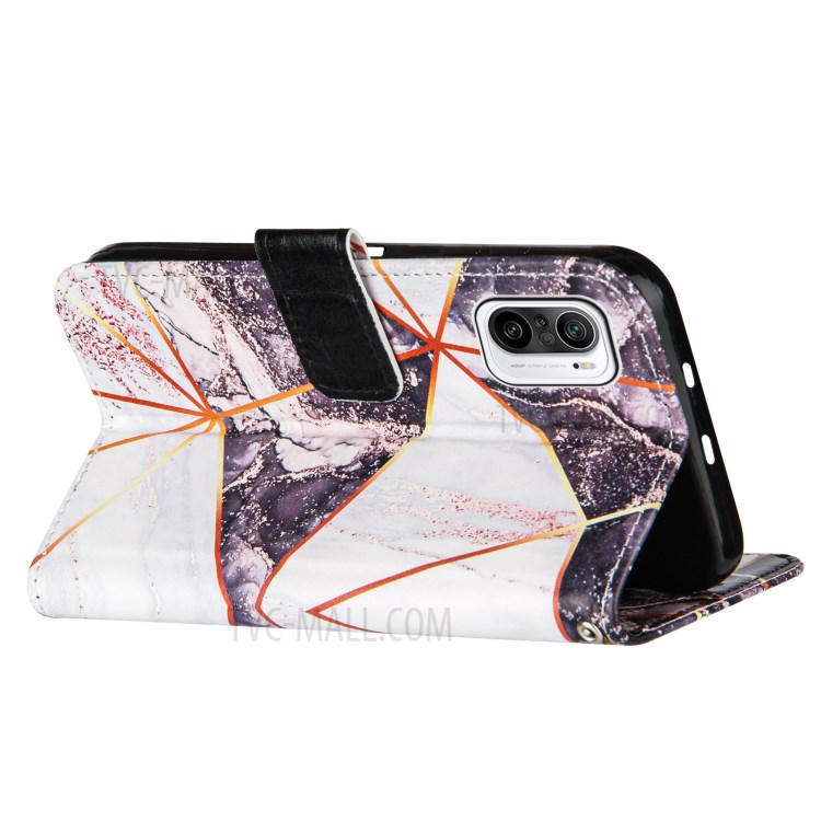 Leather Stand Case Cover with Marble Splicing Pattern Printing Wallet Design for Xiaomi Redmi K40/K40 Pro/Mi 11i/Poco F3 - Black/White-3