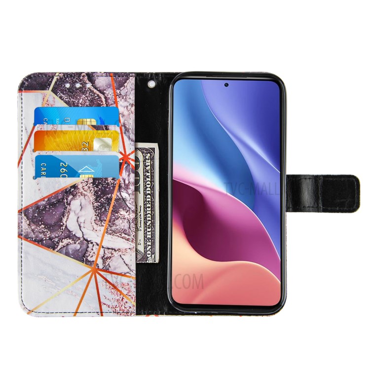 Leather Stand Case Cover with Marble Splicing Pattern Printing Wallet Design for Xiaomi Redmi K40/K40 Pro/Mi 11i/Poco F3 - Black/White-4
