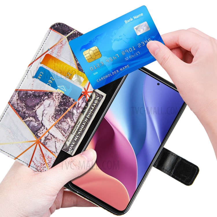 Leather Stand Case Cover with Marble Splicing Pattern Printing Wallet Design for Xiaomi Redmi K40/K40 Pro/Mi 11i/Poco F3 - Black/White-5