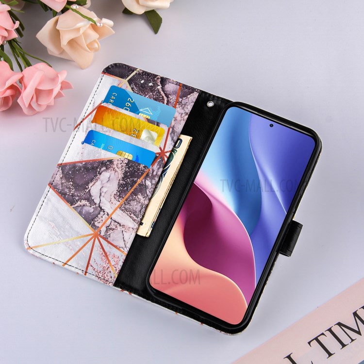 Leather Stand Case Cover with Marble Splicing Pattern Printing Wallet Design for Xiaomi Redmi K40/K40 Pro/Mi 11i/Poco F3 - Black/White-6