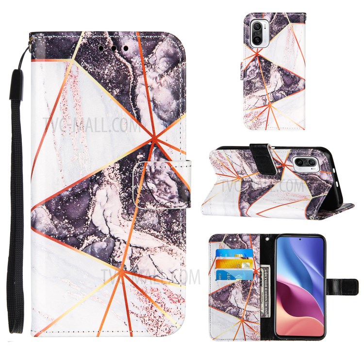 Leather Stand Case Cover with Marble Splicing Pattern Printing Wallet Design for Xiaomi Redmi K40/K40 Pro/Mi 11i/Poco F3 - Black/White-9
