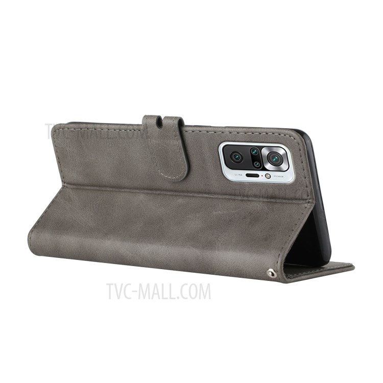 For Xiaomi Redmi Note 10 Pro/Note 10 Pro Max Mobile Phone Cover Solid Color Wallet Leather Case Protector - Grey-8