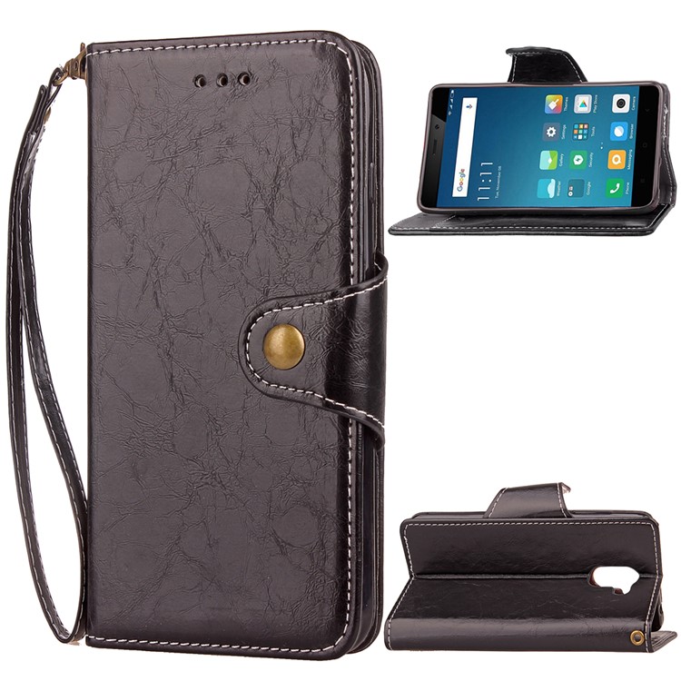 Retro Style Button Closure PU Leather Wallet Phone Shell with Stand for Xiaomi Redmi 4 - Black-1