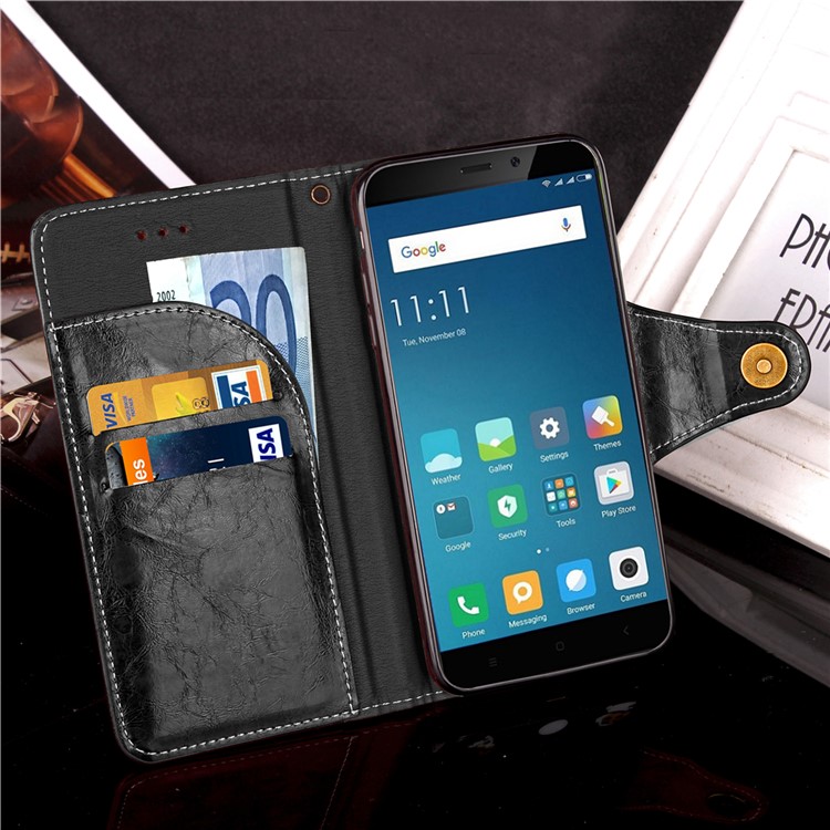 Retro Style Button Closure PU Leather Wallet Phone Shell with Stand for Xiaomi Redmi 4 - Black-5